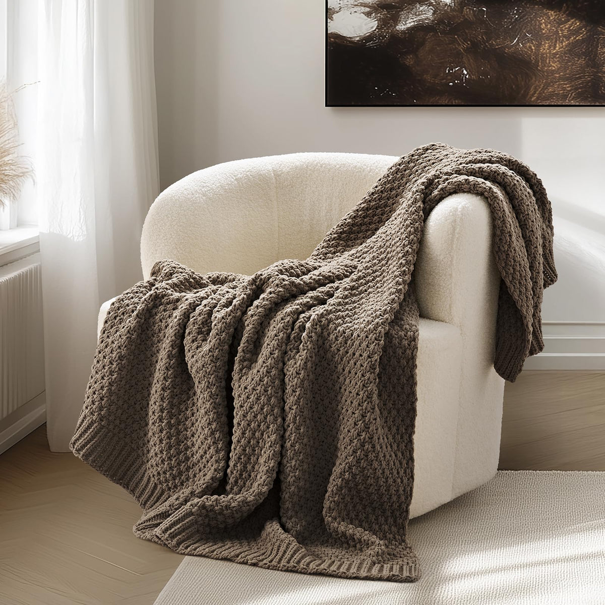 EVERGRACEHOME Chunky Chenille Knit Throw Blanket, 50 x 60, Beige