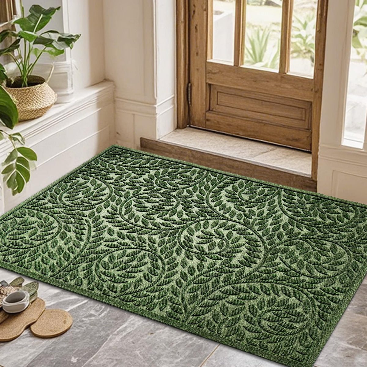 Bulijojo Front Door Mat Entrance,Durable Heavy Duty Welcome Mat,Thick Absorbent Natural Rubber Non Slip Mat,Sturdy Entryway Green, 17"x30"