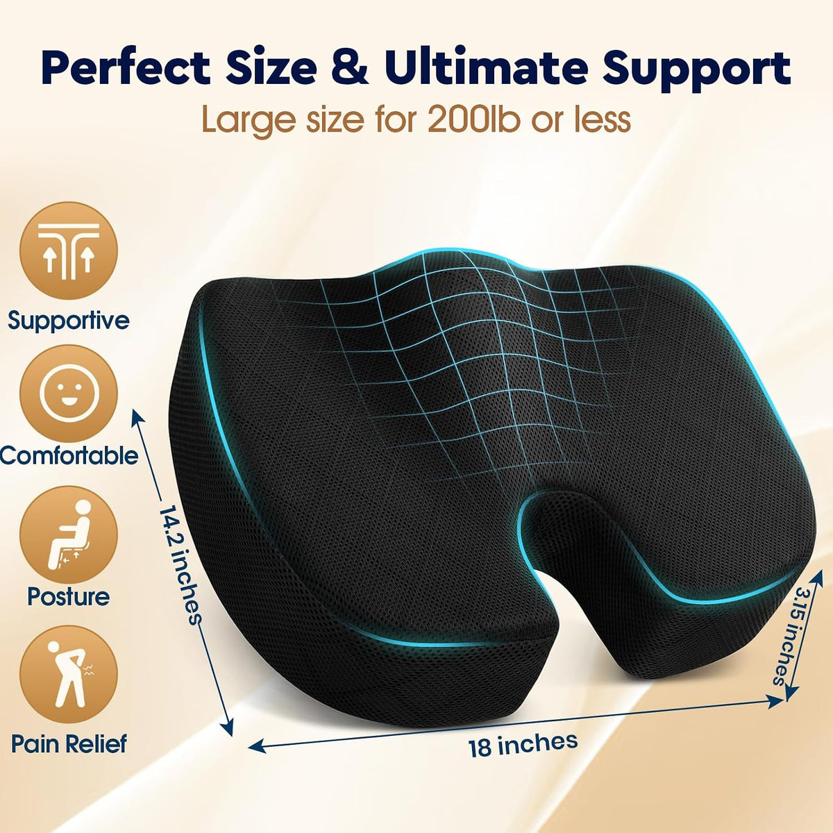 TushGuard Seat Cushion, Memory Foam Office Chair Cushion - Black, Large