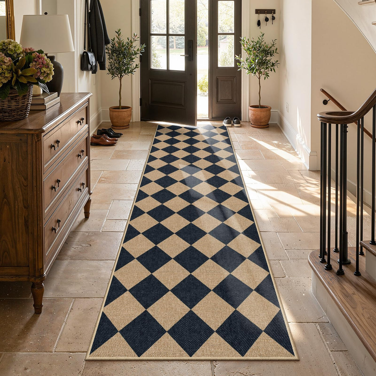 Lahome Checkered Easy Jute Non Slip Front Door Mat, 2x3 Kitchen Rug Neutral Small Throw Rug, Farmhouse Diamond Washable Non Shedding Low Pile Black Floor Carpet for Entryway Front Porch Doorway