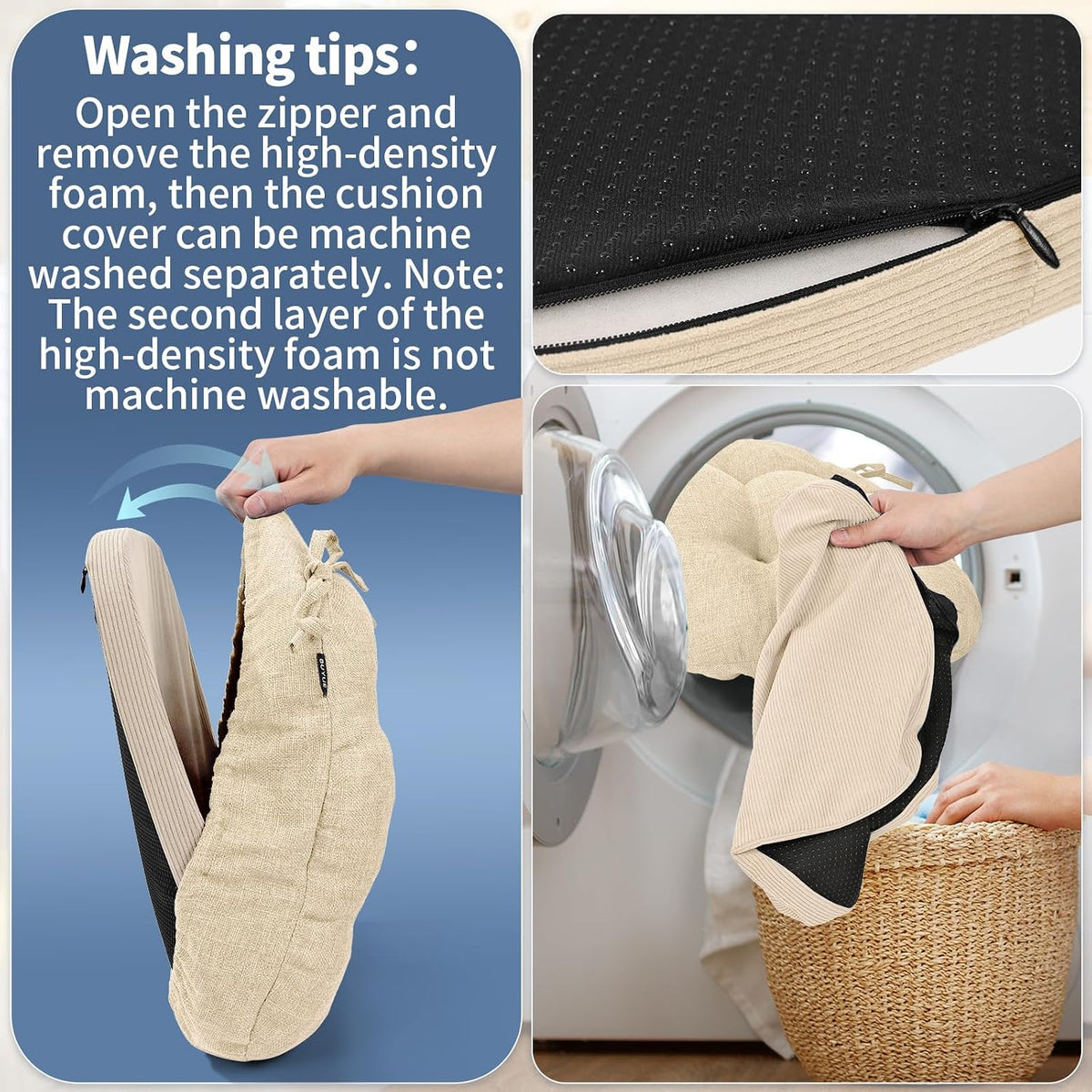 BUYUE 2-in-1 Chair Cushion for Dining Chair – Detachable Double-Layer, Use as 2 Seat Pads or 1 Extra-Thick Pad, Latex Foam, Non-Slip, Beige