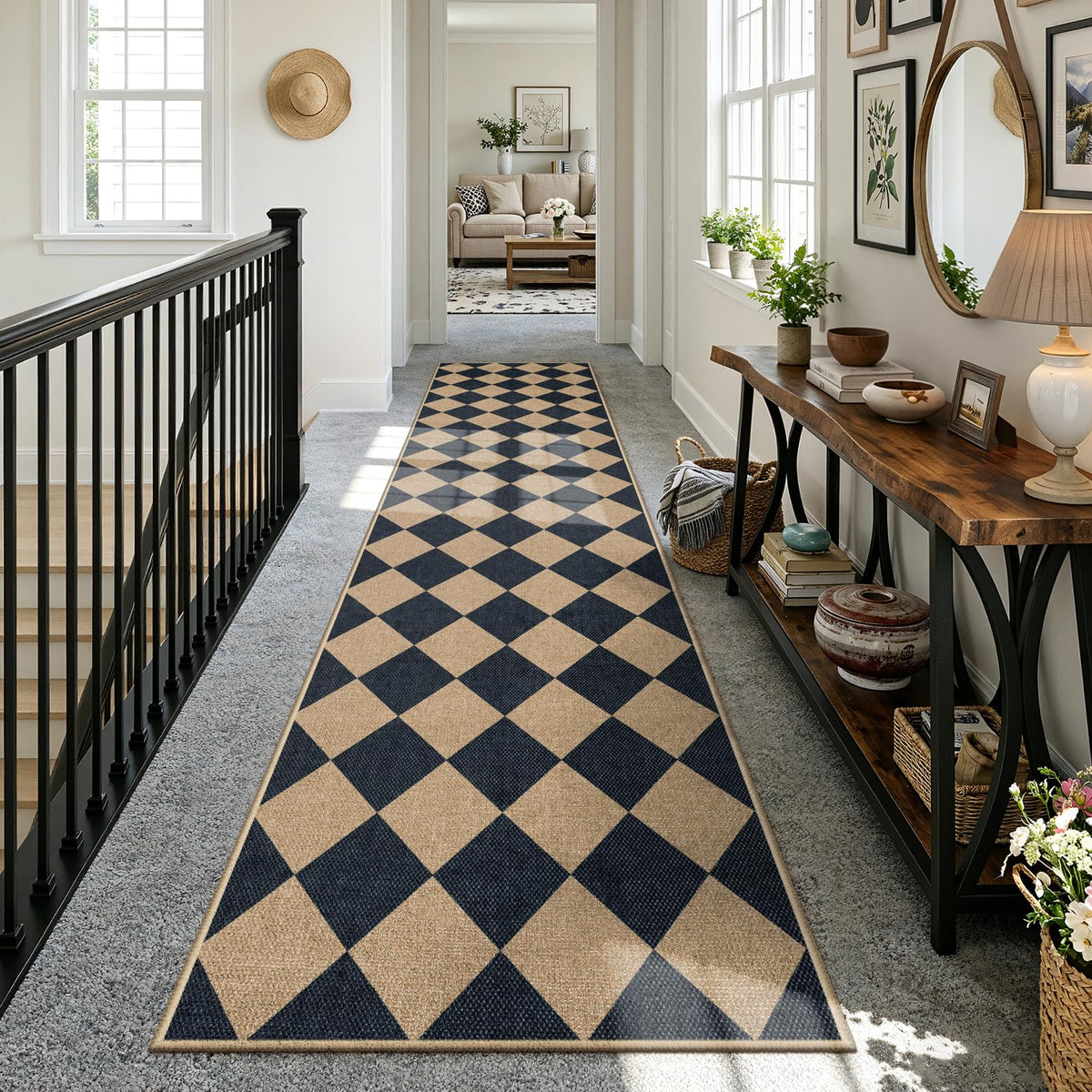 Lahome Checkered Easy Jute Non Slip Front Door Mat, 2x3 Kitchen Rug Neutral Small Throw Rug, Farmhouse Diamond Washable Non Shedding Low Pile Black Floor Carpet for Entryway Front Porch Doorway