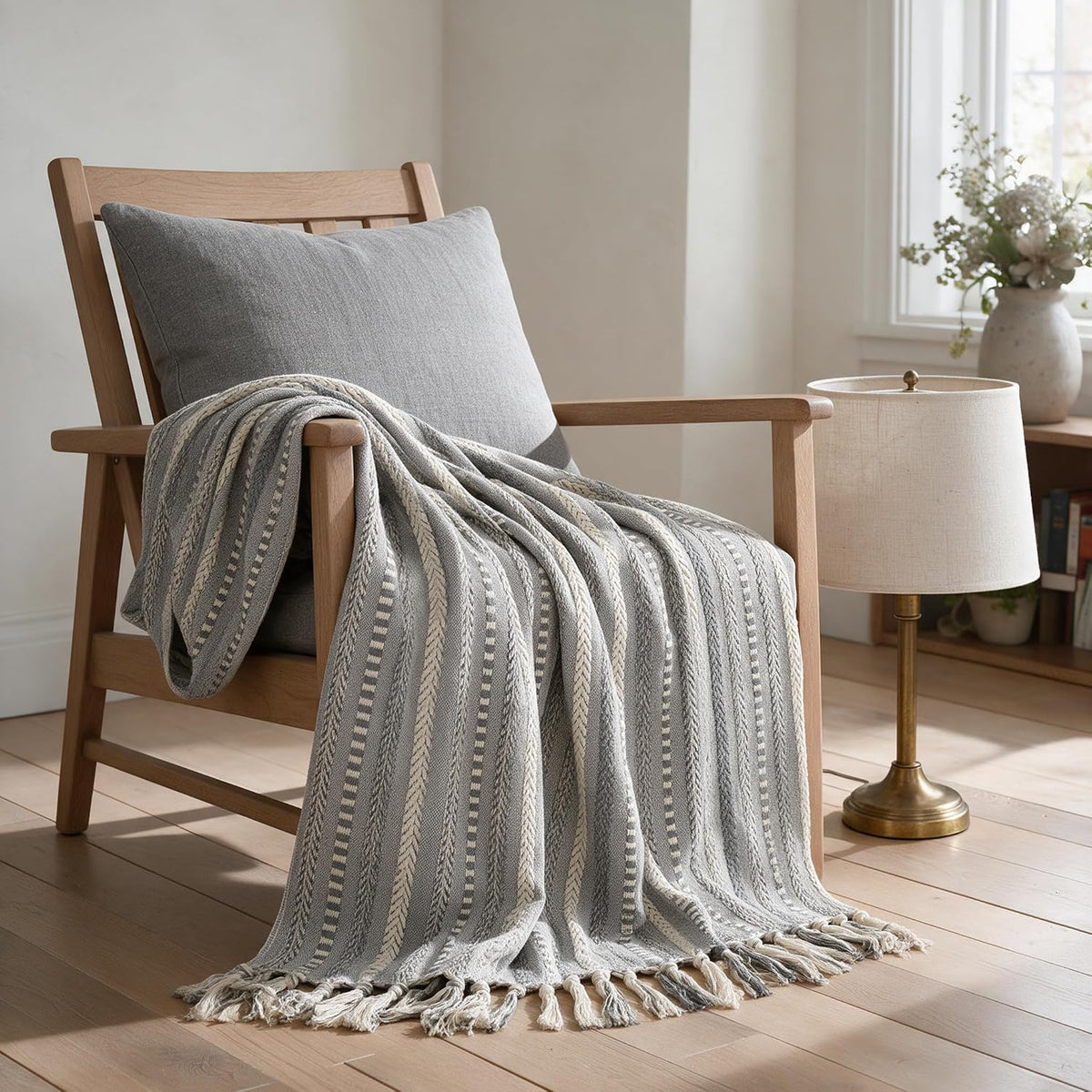 Horaldaily Braided Striped Decorative Throw Blanket, Grey Soft Cozy Blanket with Tassels for Couch Sofa Chair Bed Home Decor, Ideal Gifts for Daily Holiday Use 50x60