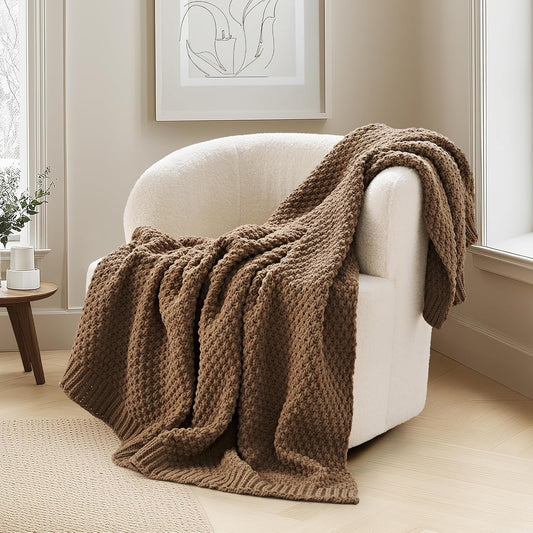 EVERGRACEHOME Chunky Chenille Knit Throw Blanket, 50 x 60, Camel Brown