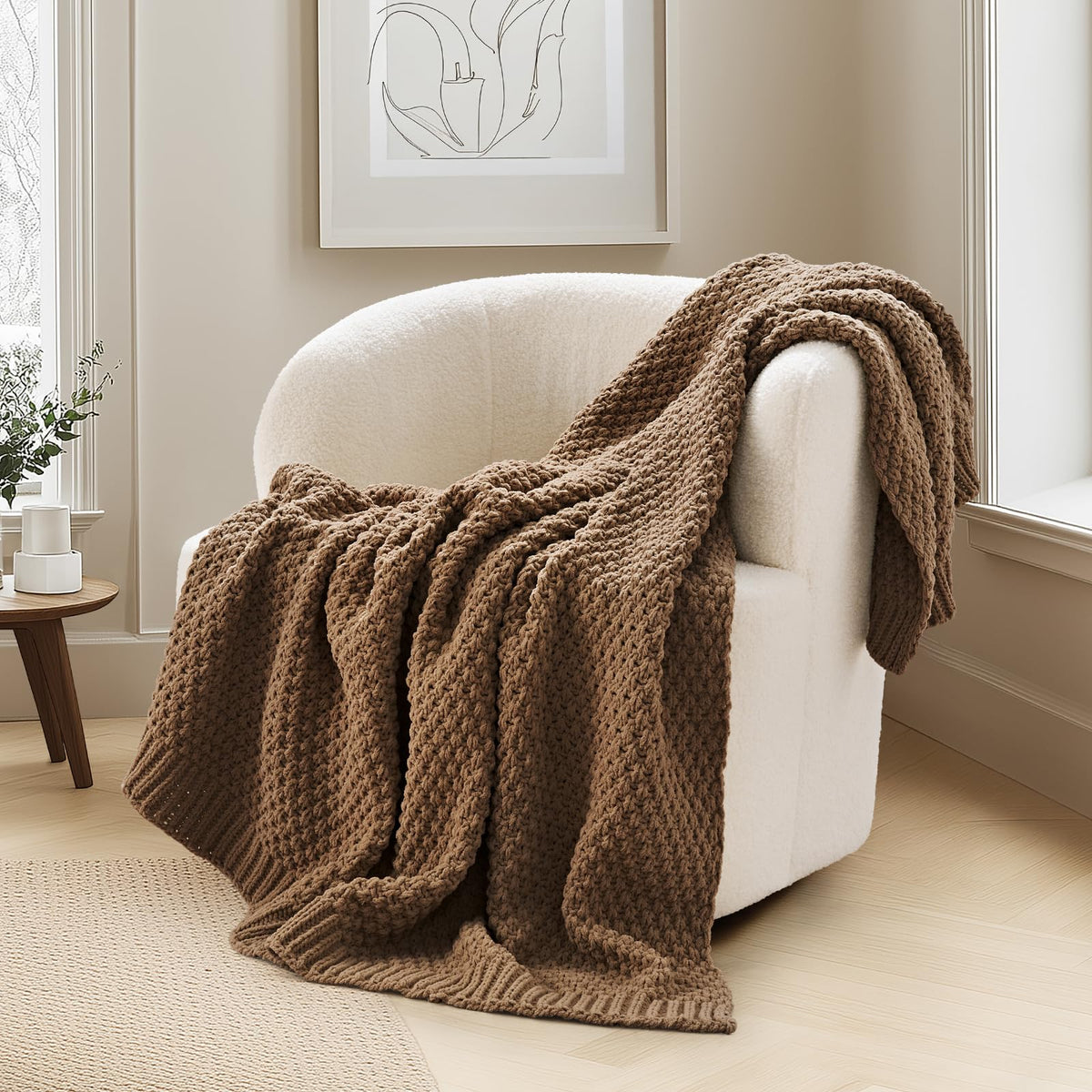 EVERGRACEHOME Chunky Chenille Knit Throw Blanket, 50 x 60, Beige