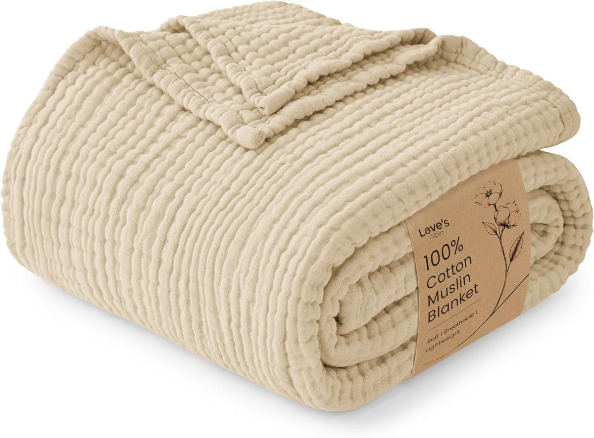 Love's cabin 100% Cotton Muslin Blanket Throw for Couch, Khaki