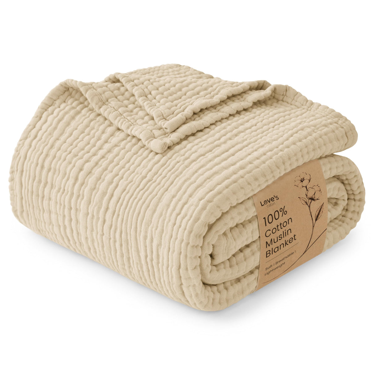 Love's cabin 100% Cotton Muslin Blanket Throw for Couch, Khaki