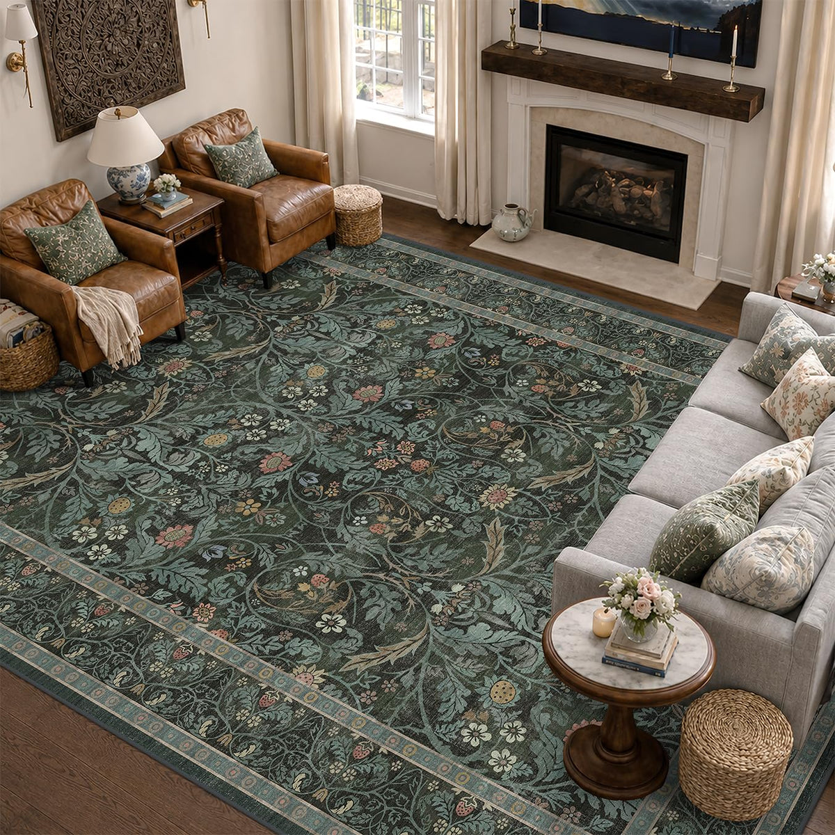 Dark Brown 2x3 Washable Entry Rug, Throw Small Rugs for Entryway Kitchen Bathroom Indoor Door Mat, Farmhouse Floral & Botanical Door Mats, Low Pile Soft Stain Resistant Carpet