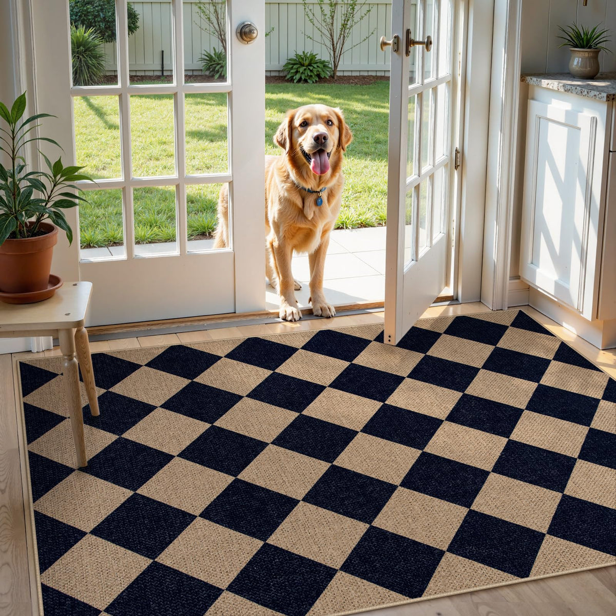 Lahome Checkered Easy Jute Non Slip Front Door Mat, 2x3 Kitchen Rug Neutral Small Throw Rug, Farmhouse Diamond Washable Non Shedding Low Pile Black Floor Carpet for Entryway Front Porch Doorway