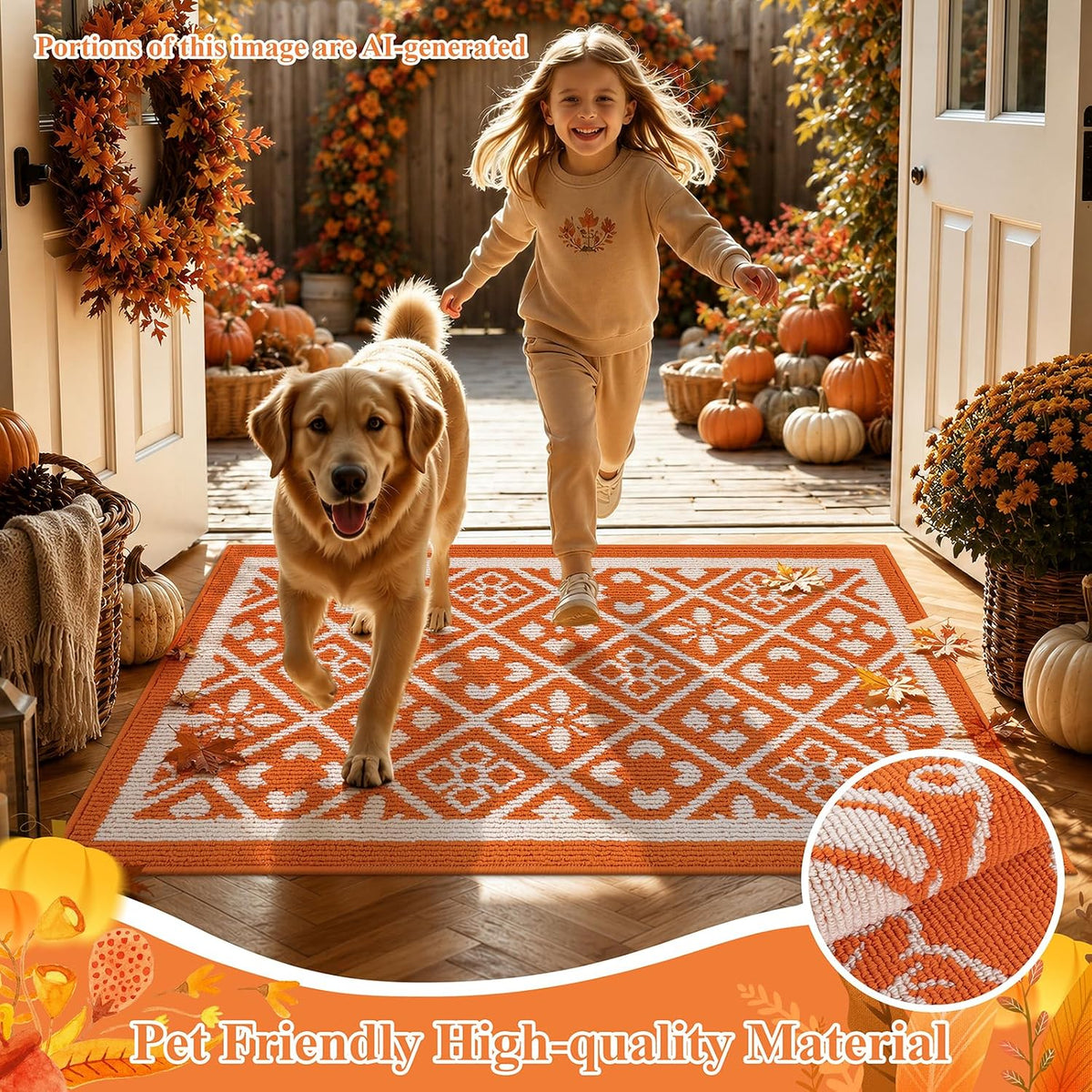 Ileading Fall Indoor Door Mat Washable Orange Muddy Rugs for Dogs 2x3ft