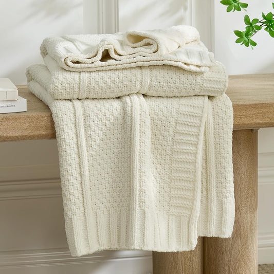 Amélie Home Chenille Knit Throw Blanket, Ivory White 50"x60"