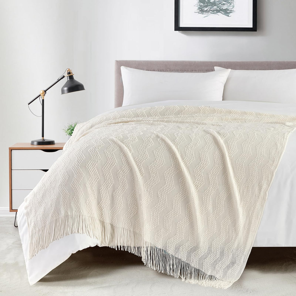 BOURINA Beige Throw Blanket 50x60 Inch Boho Knitted Soft Throw Sofa Blanket