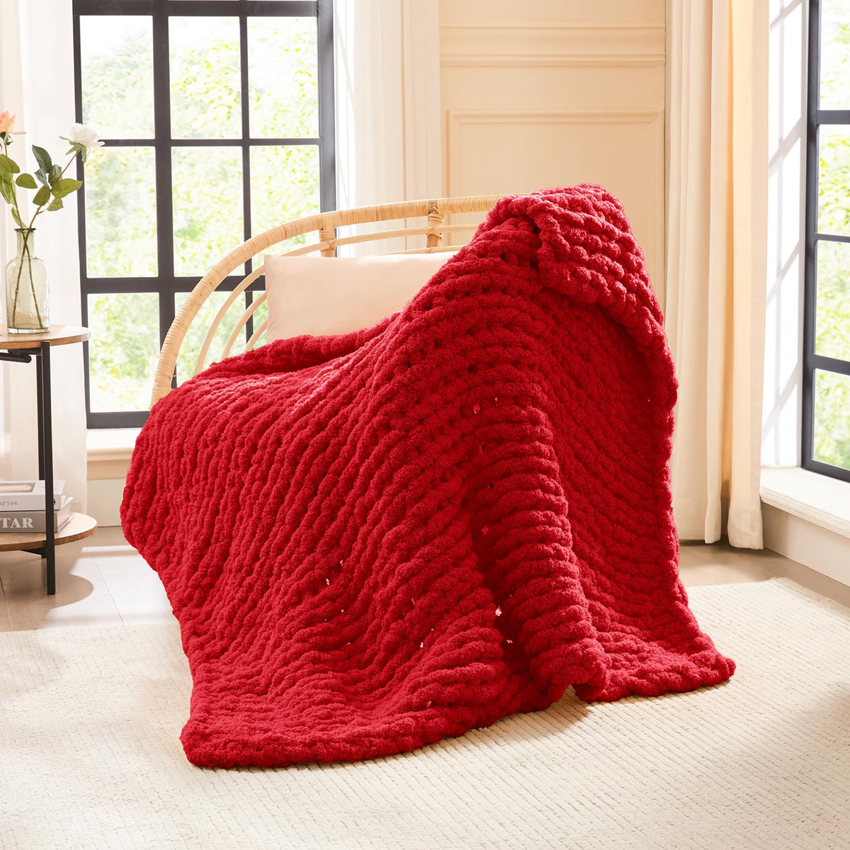 L'AGRATY Chunky Knit Throw Blanket for Couch, 50'' x 60'' Knit Throw, Ivory