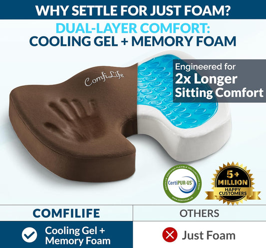 ComfiLife Doctor Recommended Seat Cushion - Premium Gel & Memory Foam Office Chair, Car Seat, Lifting Cushion - Chair Cushions for Back & Sciatica Relief - Seat Cushions for Office & Desk (Brown)