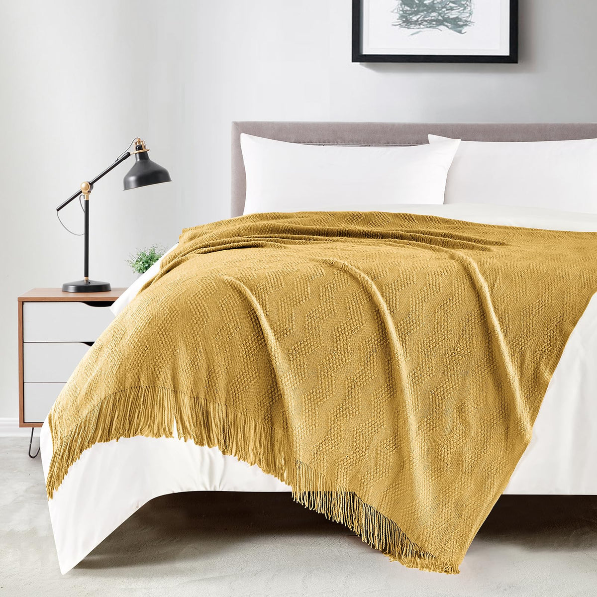 BOURINA Beige Throw Blanket 50x60 Inch Boho Knitted Soft Throw Sofa Blanket