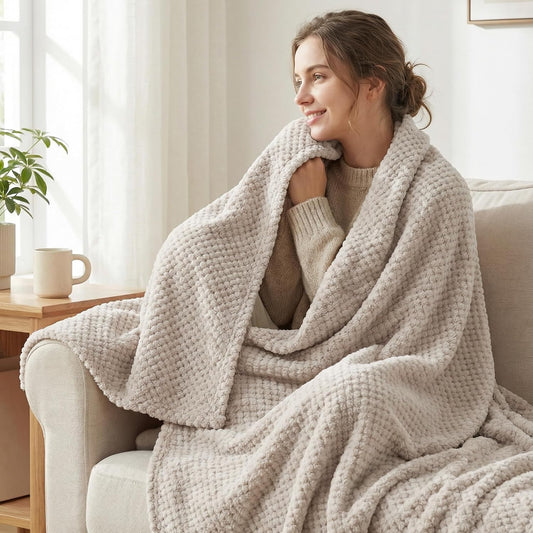 Exclusivo Mezcla Large Waffle Fleece Throw Blanket for Couch, Tan