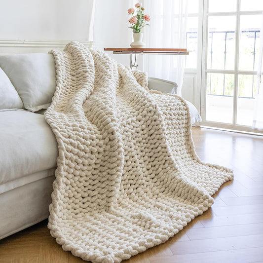 Chunky Knit Throw Blanket for Couch，50x60 Inches Cream