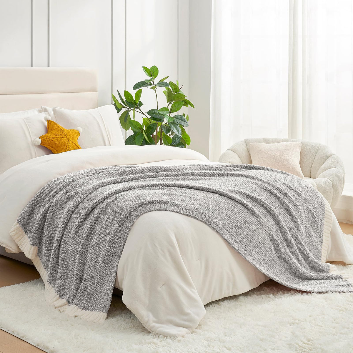 Snuggle Sac Buttery Ivory Throw Blanket for Couch, Reversible Super Soft Knitted Blankets, Warm Cozy Knit Fuzzy Plush Lightweight Throws Dupes for Sofa, Bed, Picnic, Ivory, 50 x 60 inches