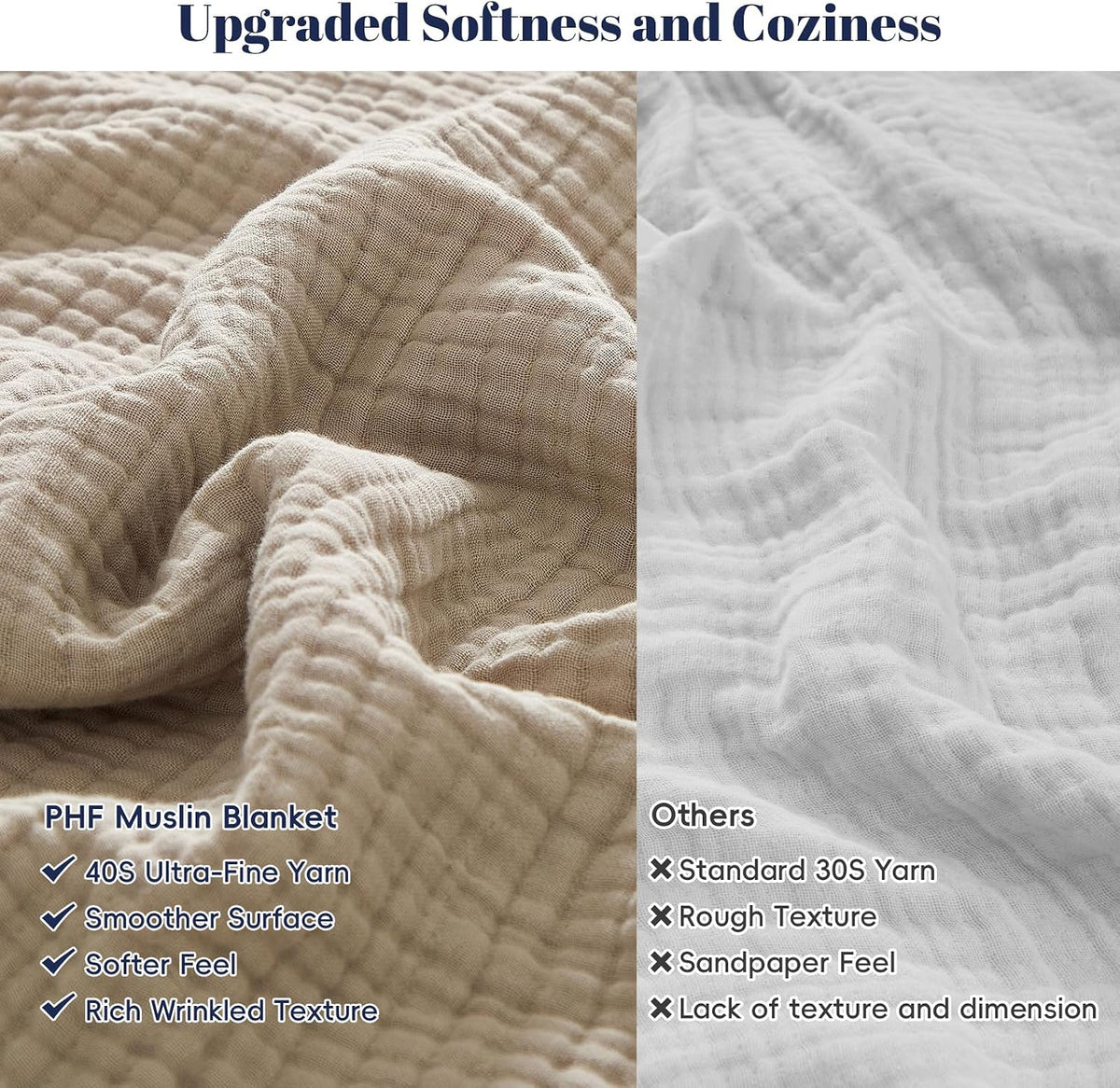 PHF 100% Cotton Muslin Blanket for Adults, Queen Size 90"X90", Taupe