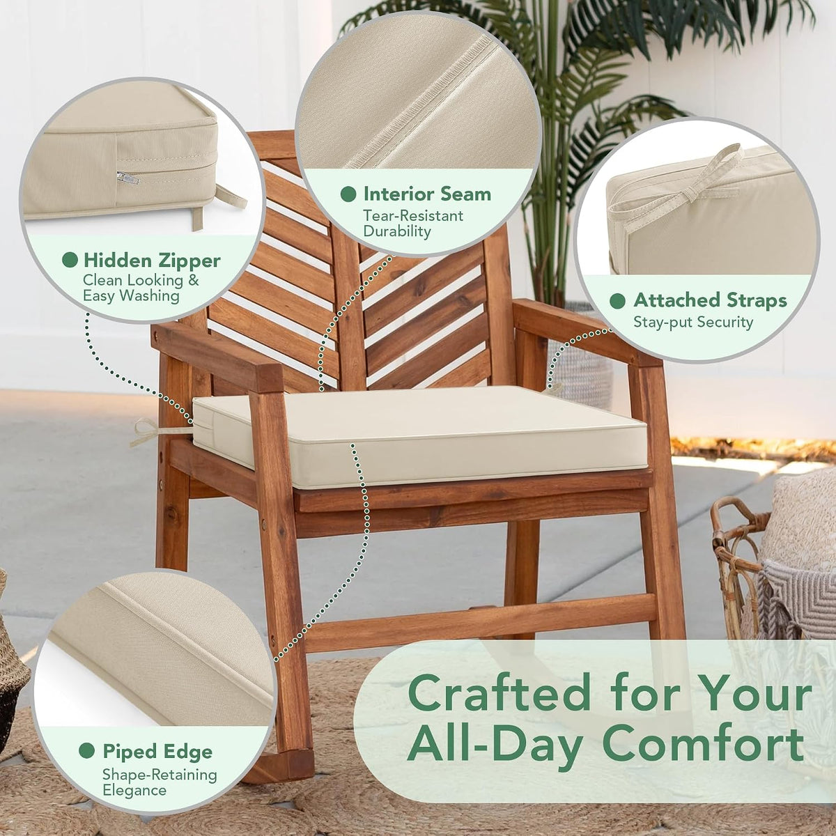 Summsun Outdoor Chair Cushions Set of 4: Water Resistant Seat Cushion for Patio Furniture - 18.5 x 16 x 2 Inch Chair Pads with Ties and Hidden Zipper - Patio Chair Cushion Replacement, Beige