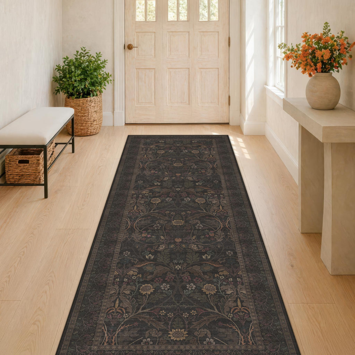 Dark Brown 2x3 Washable Entry Rug, Throw Small Rugs for Entryway Kitchen Bathroom Indoor Door Mat, Farmhouse Floral & Botanical Door Mats, Low Pile Soft Stain Resistant Carpet