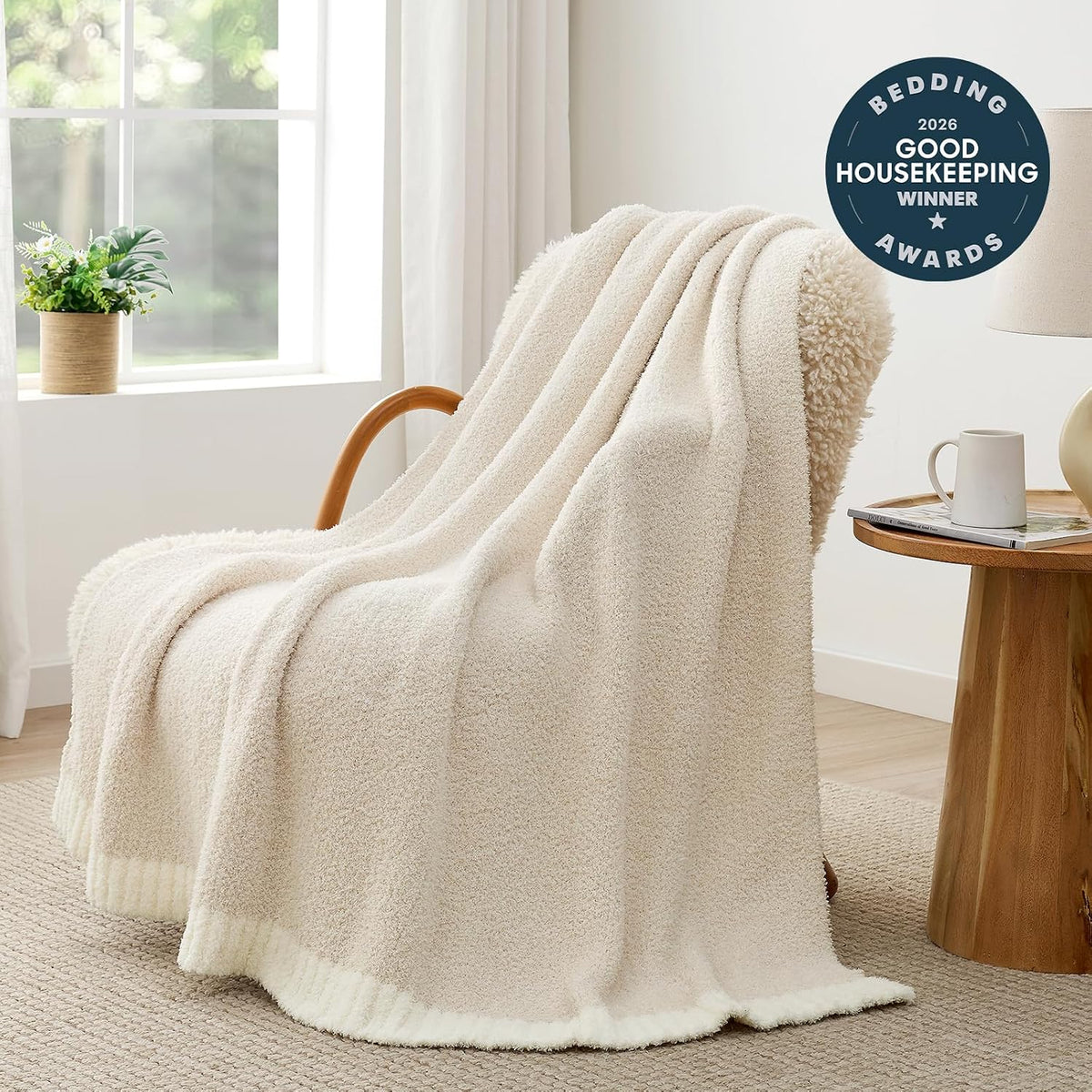 Snuggle Sac Buttery Ivory Throw Blanket for Couch, Reversible Super Soft Knitted Blankets, Warm Cozy Knit Fuzzy Plush Lightweight Throws Dupes for Sofa, Bed, Picnic, Ivory, 50 x 60 inches
