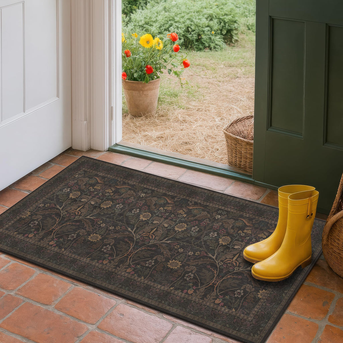 Dark Brown 2x3 Washable Entry Rug, Throw Small Rugs for Entryway Kitchen Bathroom Indoor Door Mat, Farmhouse Floral & Botanical Door Mats, Low Pile Soft Stain Resistant Carpet