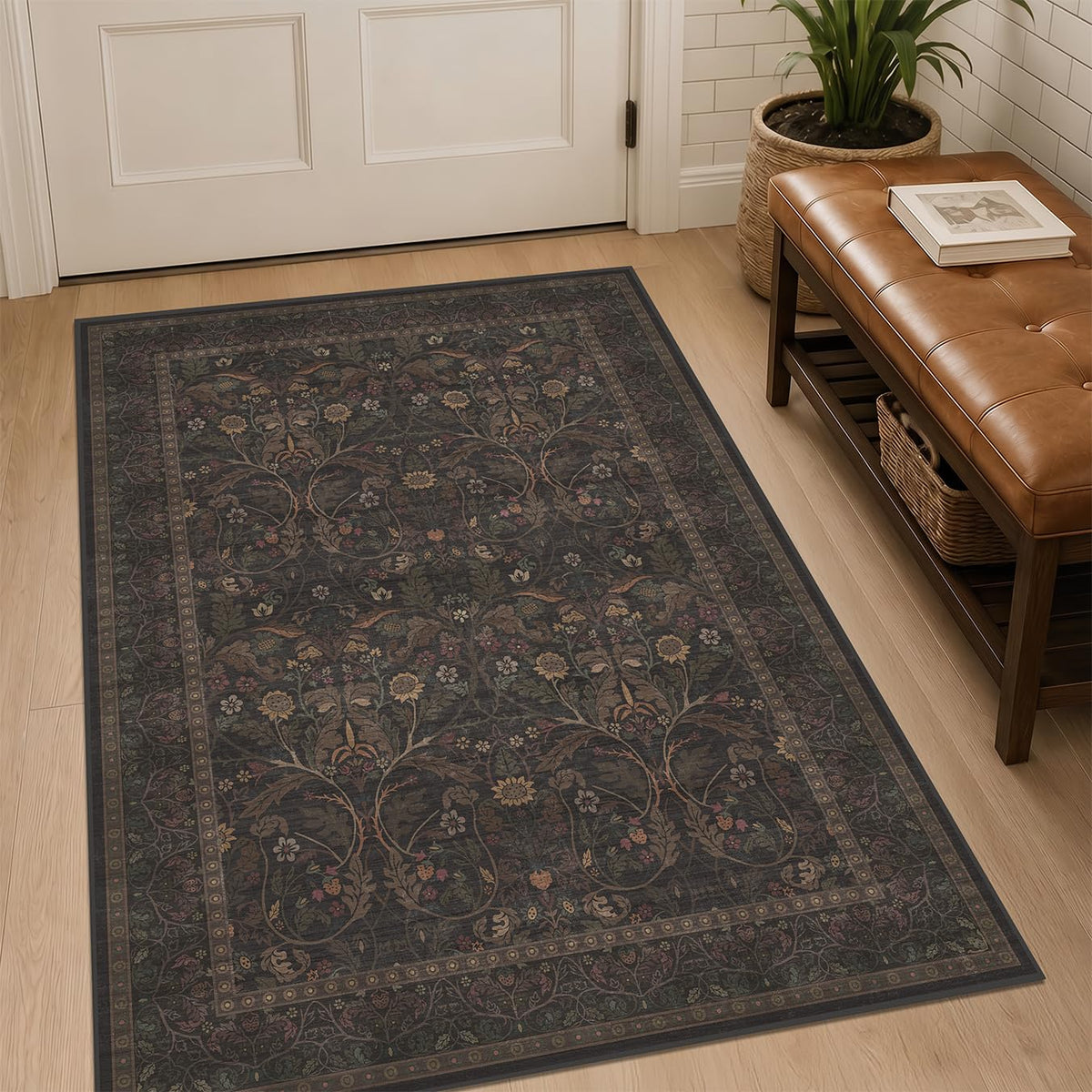 Dark Brown 2x3 Washable Entry Rug, Throw Small Rugs for Entryway Kitchen Bathroom Indoor Door Mat, Farmhouse Floral & Botanical Door Mats, Low Pile Soft Stain Resistant Carpet
