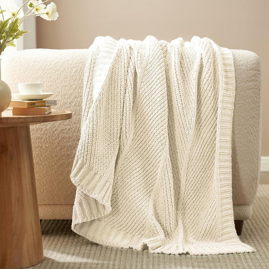 Amélie Home Chenille Knit Throw Blanket for Couch, Cream, 50"x60"