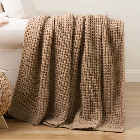 Beige Throw Blanket for Couch, Tan Waffle Knitted Throw Blankets 50"x60"