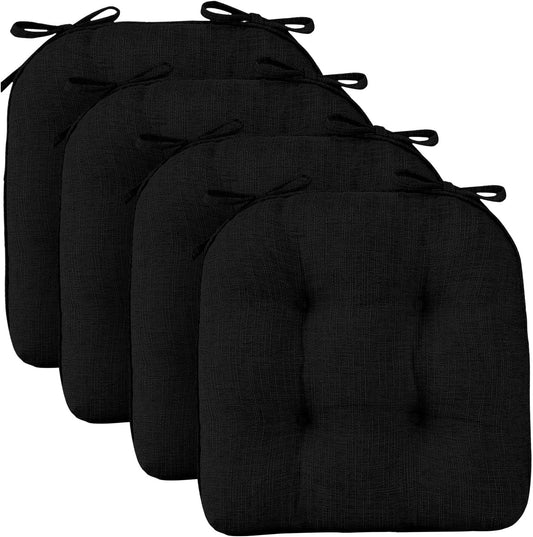 Wellsin Chair Cushions for Dining Chairs, Non-Slip Kitchen Chair Pads with Ties, Tufted Shredded Foam Kitchen Chair Cushions Set of 4, 15.5" X 15.5", Black