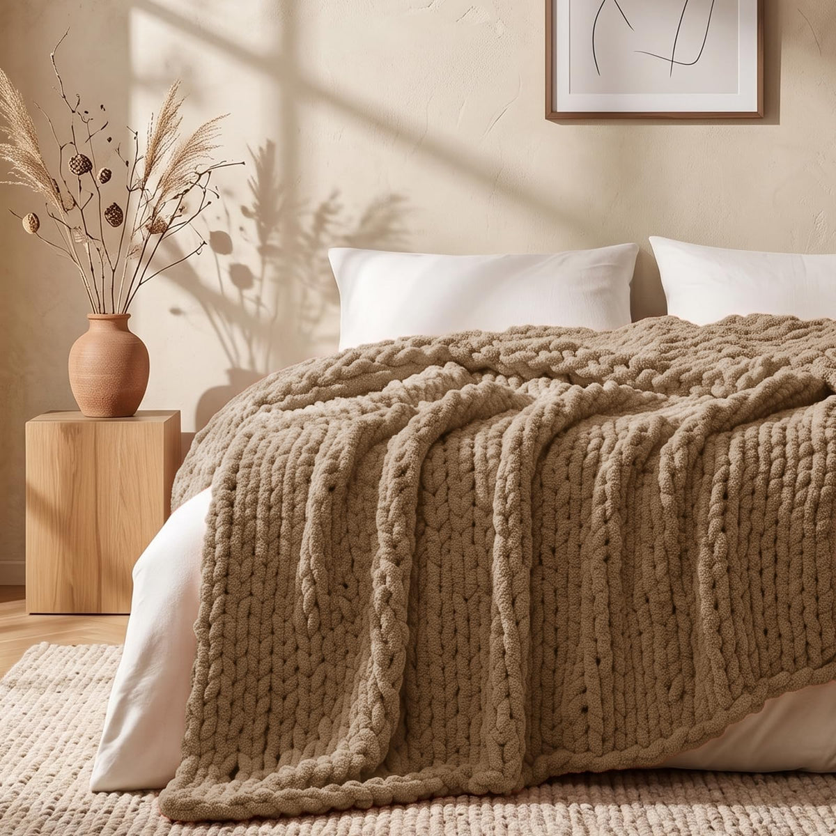 L'AGRATY Chunky Knit Throw Blanket for Couch, 50'' x 60'' Knit Throw, Ivory