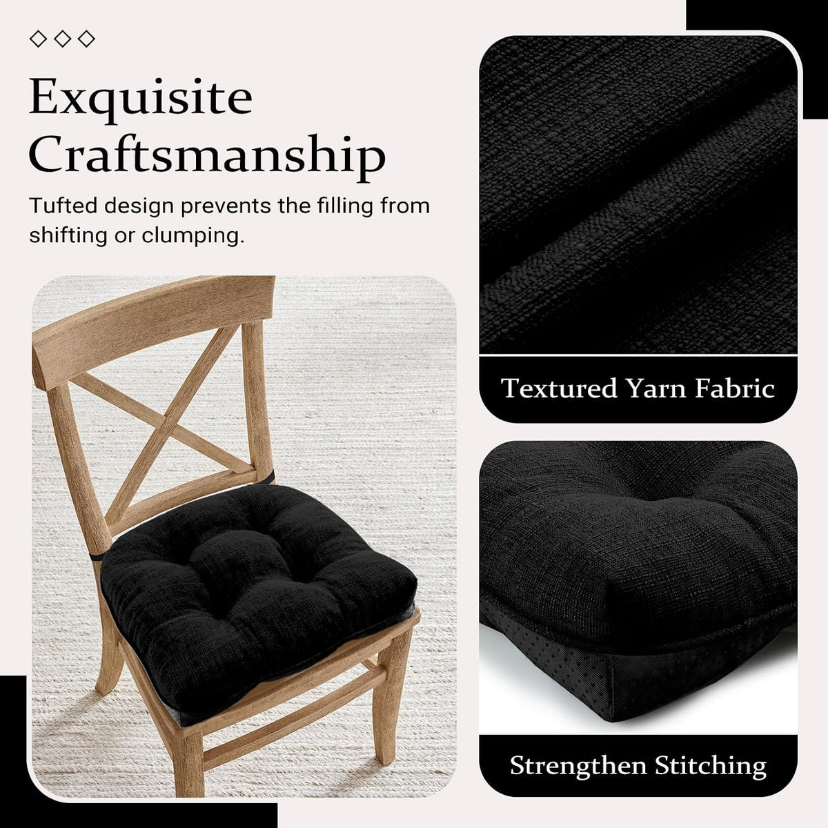 Wellsin Chair Cushions for Dining Chairs, Non-Slip Kitchen Chair Pads with Ties, Tufted Shredded Foam Kitchen Chair Cushions Set of 4, 15.5" X 15.5", Black