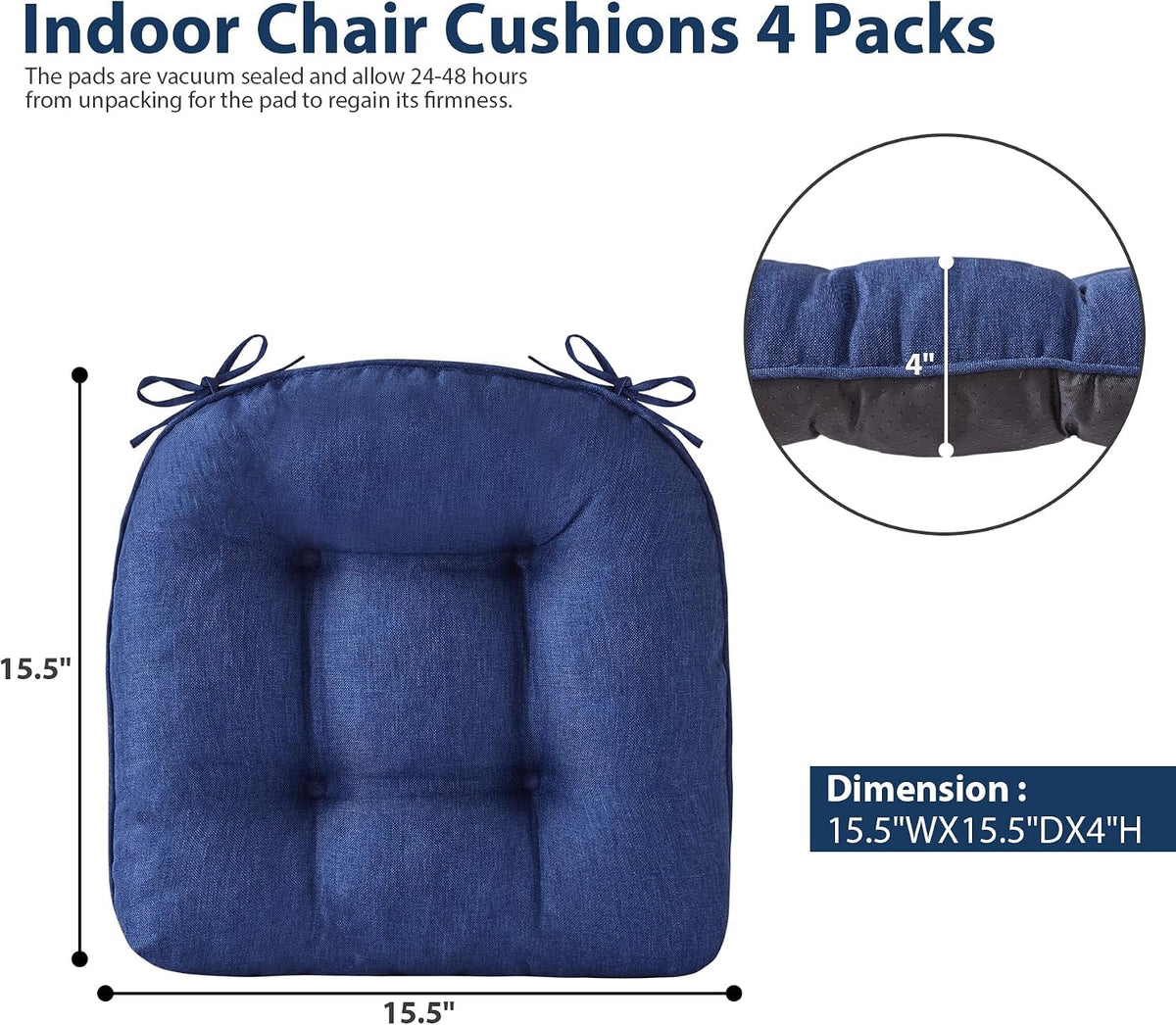 IASEAHK Chair Cushions for Dining Chairs, 15.5" x 15.5" x 4", Navy Blue