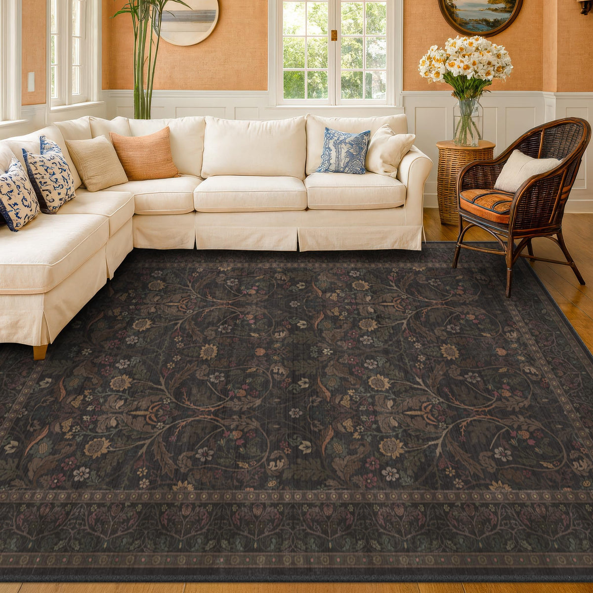 Dark Brown 2x3 Washable Entry Rug, Throw Small Rugs for Entryway Kitchen Bathroom Indoor Door Mat, Farmhouse Floral & Botanical Door Mats, Low Pile Soft Stain Resistant Carpet