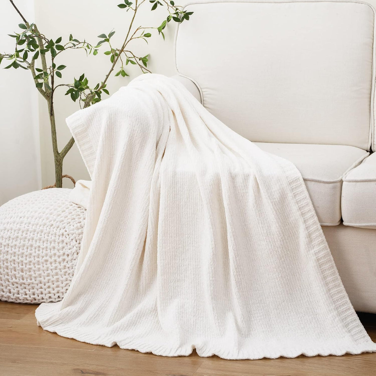 Chenille Throw Blanket for Couch, Knit Throw Blanket 51"x67", Ivory White