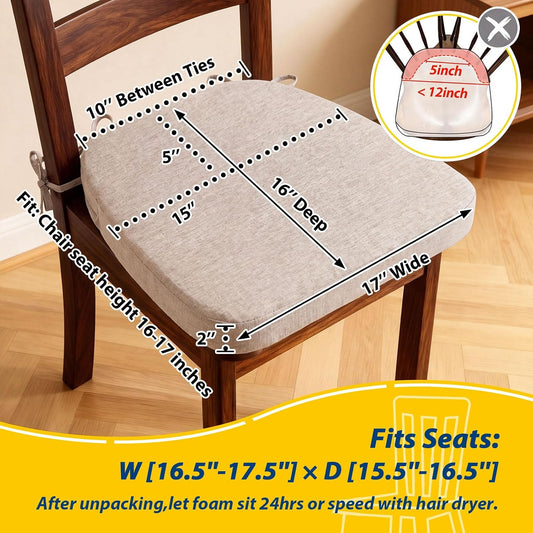 AAAAAcessories D-Shaped Chair Cushions, 2" Thick Dining Chair Pads with Ties and Removable, Machine-Washable Cover, 17" x 16", Set of 4, Oatmeal Beige