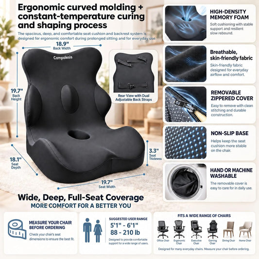 Office Chair Cushion with Back Support, Wide Memory Foam Ergonomic Design