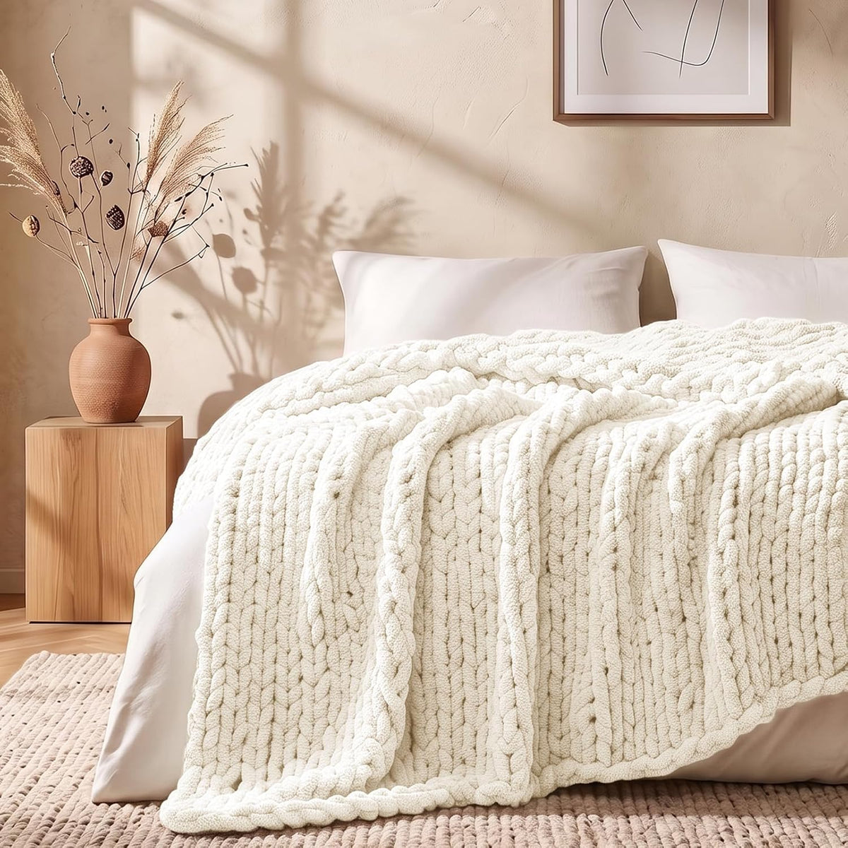 L'AGRATY Chunky Knit Throw Blanket for Couch, 50'' x 60'' Knit Throw, Ivory