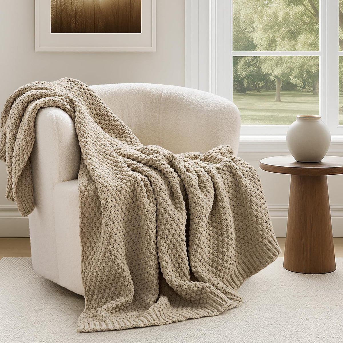 EVERGRACEHOME Chunky Chenille Knit Throw Blanket, 50 x 60, Beige
