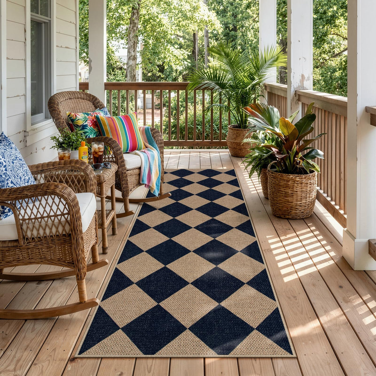 Lahome Checkered Easy Jute Non Slip Front Door Mat, 2x3 Kitchen Rug Neutral Small Throw Rug, Farmhouse Diamond Washable Non Shedding Low Pile Black Floor Carpet for Entryway Front Porch Doorway
