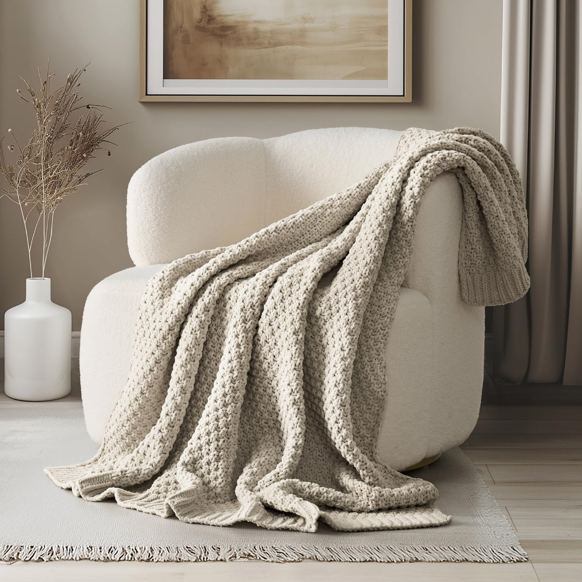 EVERGRACEHOME Chunky Chenille Knit Throw Blanket, 50 x 60, Beige