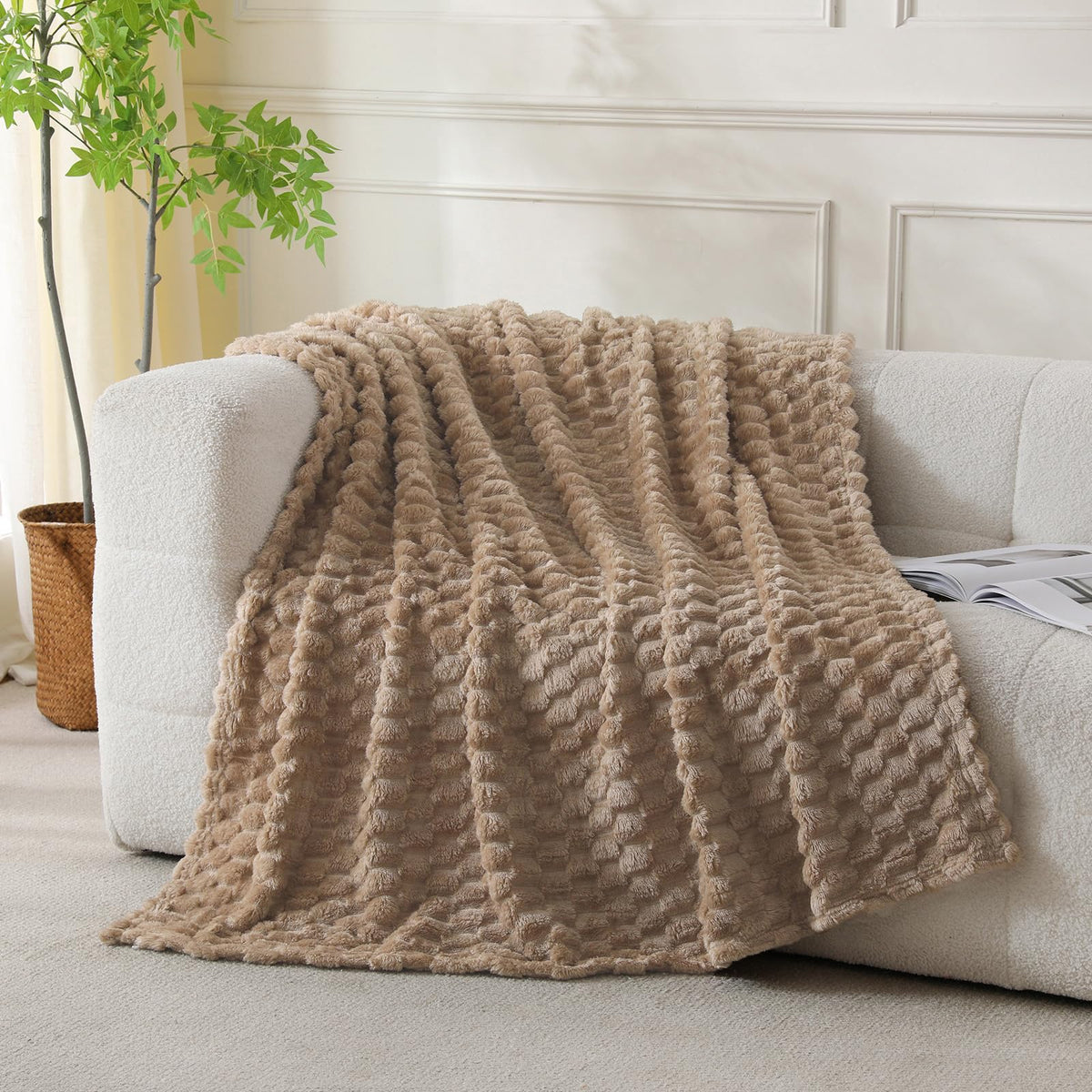 Fleece Throw Blanket, Light Brown, 50"×60" for Couch Sofa Bed