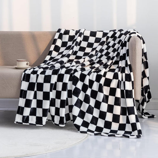 LOMAO Throw Blankets Flannel Blanket with Checkerboard Grid Pattern Soft Throw Blanket for Couch, Bed, Sofa Luxurious Warm and Cozy for All Seasons (Black, 50"x60")