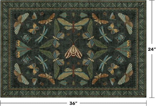 Hazo Haus 2x3 Entry Way Rugs Indoor - Dark Green Small Throw Rug for Kitchen, Bathroom, Insect Boho Design, Washable Non Slip Stain Resistant