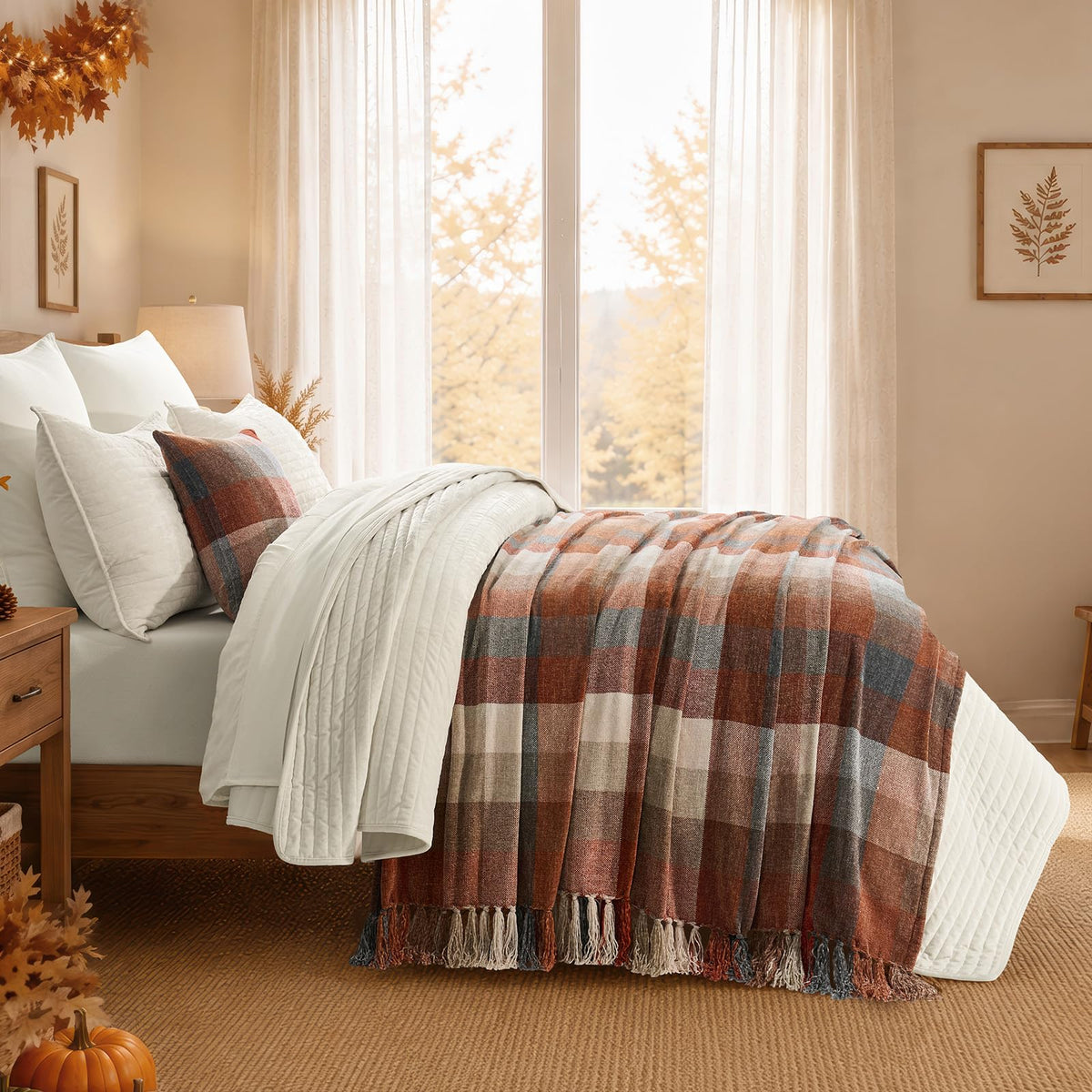 EverGrace Plaid Chenille Fall Throw Blanket, 50"x60", Harvest Orange Plaid