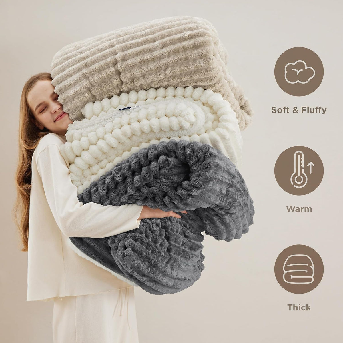 Bedsure Sherpa Throw Blanket for Couch - Super Soft, Comfort Cozy Fleece Thick Warm Blanket for Women, GentleSoft Plush & Fluffy Winter Throw Gift for Women, Room Decor, Beige, 50x60 Inches