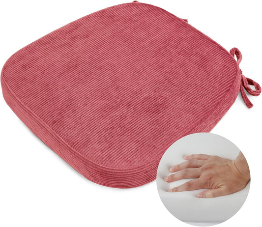 2.5" Thick Chair Cushions for Dining Chair, Corduroy High Density Foam Kitchen Chair Pads, U Shaped Indoor Seat Cushions with Ties & Non-Slip Backing, Washable Cover, 17''x16.5'', Pink