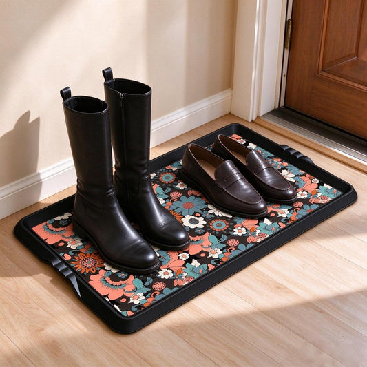 BEHERO Boot Tray Shoe Mat Decorative Patterned, Rubber Shoe Matt Tray Indoor/Outdoor Use, 16" x27.5" Shoe Cleaning Mat Non-Slip, Shoe Storage Waterproof Flower Prints for Entryway, Sunlit Blossom