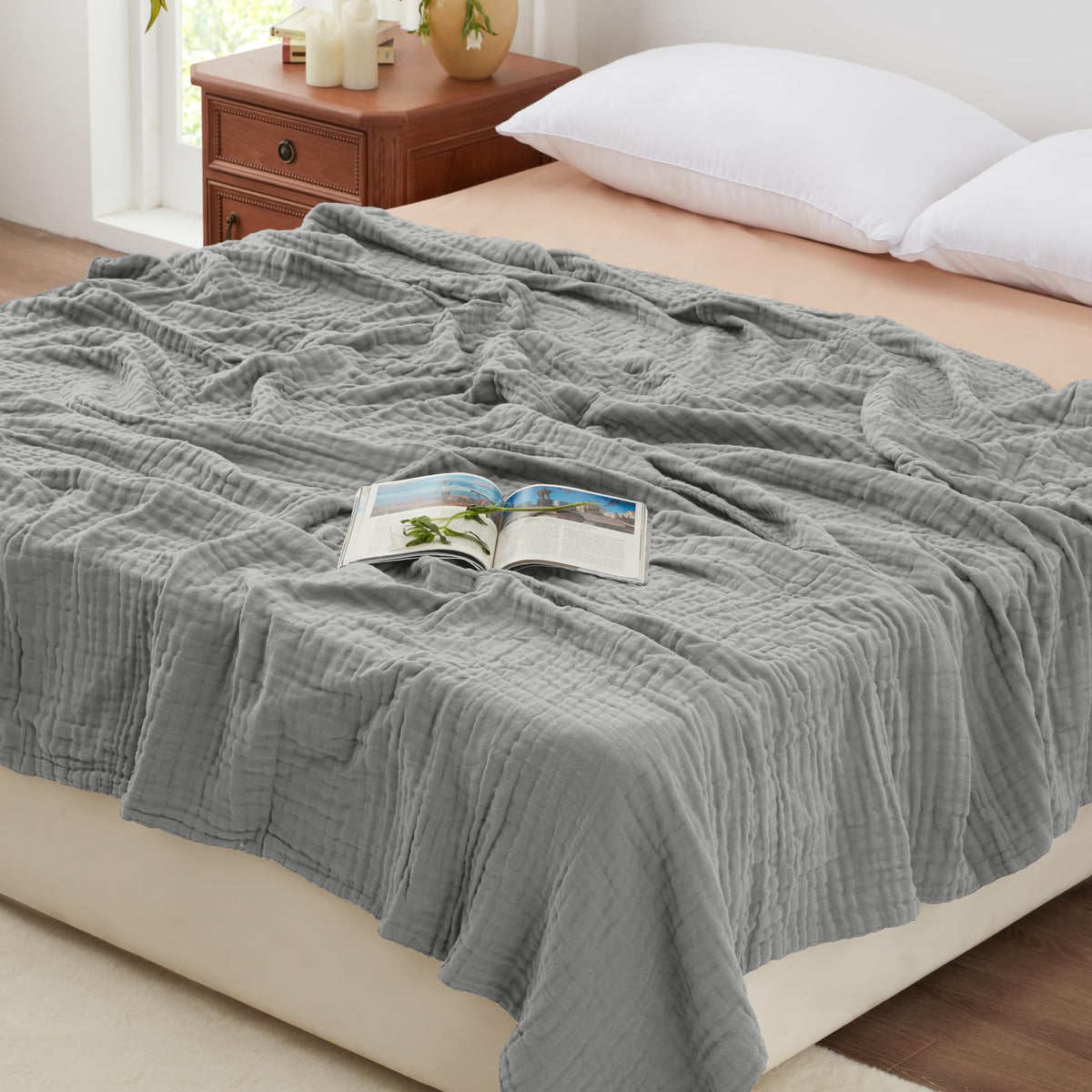 Love's cabin 100% Cotton Muslin Blanket Throw for Couch, Khaki